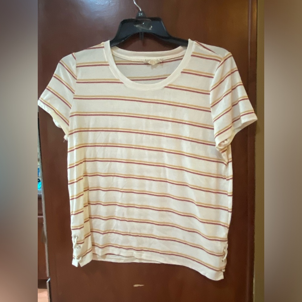 Pink Republic Cream Tee with Rust and Gold Stripe Detail